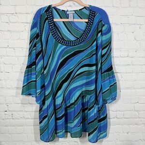 Catherines Boho Pleated Tunic Women Plus 3X Beaded Artsy Embellished Abstract